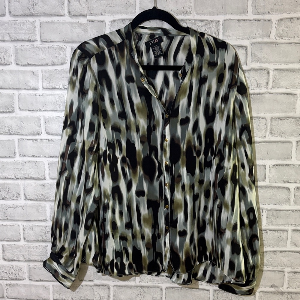 FYLO Black, White brown Patterned long sleeve Blouse size large